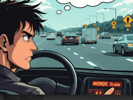 Illustration depicting a driver at a crossroads, with thought bubbles showing rationalizations for rule-breaking versus adherence to road safety, representing moral disengagement and the MORDE Scale's focus. {{brizy_dc_image_alt entityId=